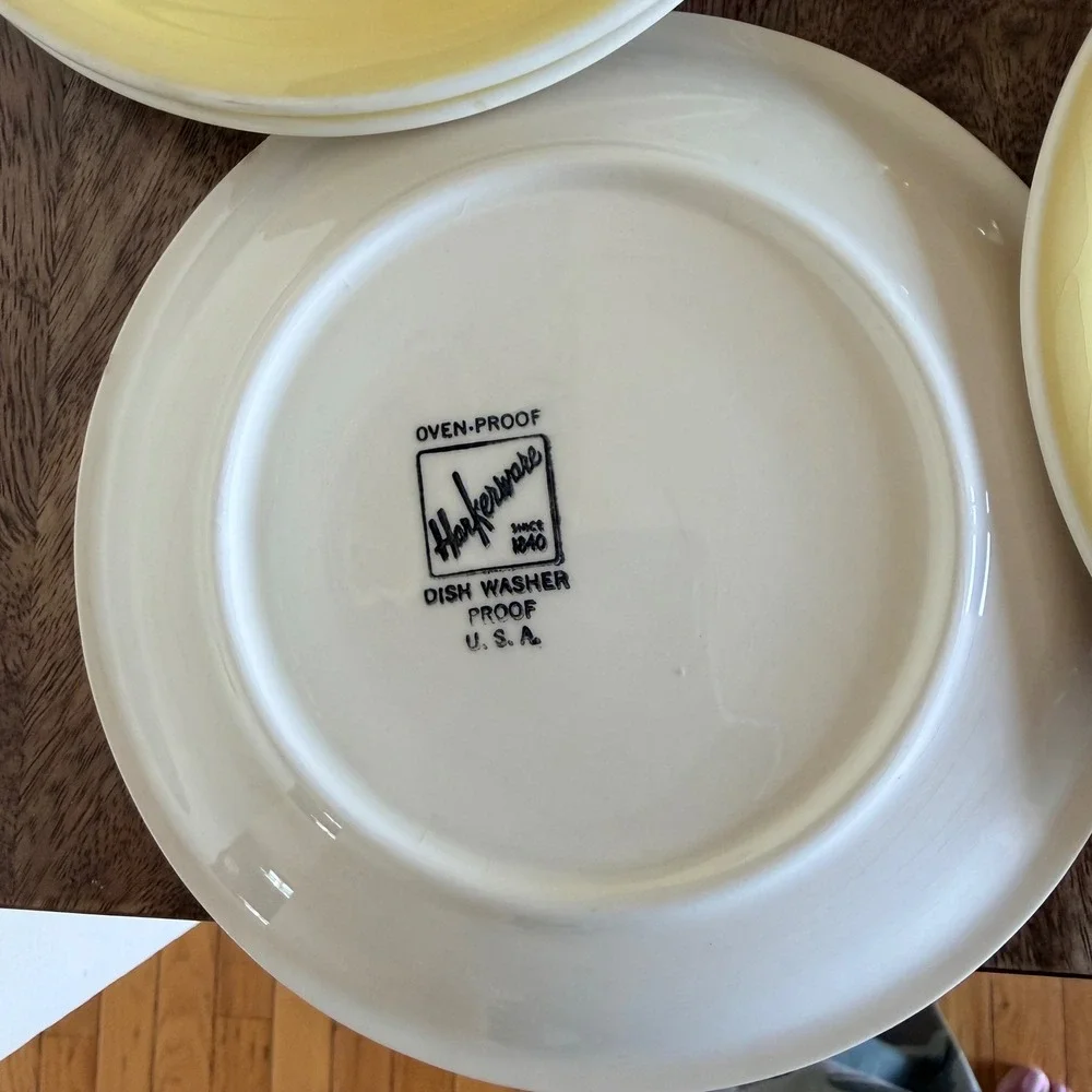 Vintage Harkerware Mosaic Mustard Cake Set MCM Plate Server 4 Dessert Plates
